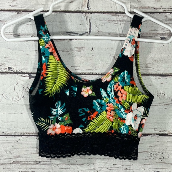 MUDD Crop Top Stretchy Lace Trimmed Black Tropical Print-XS - Picture 2 of 2